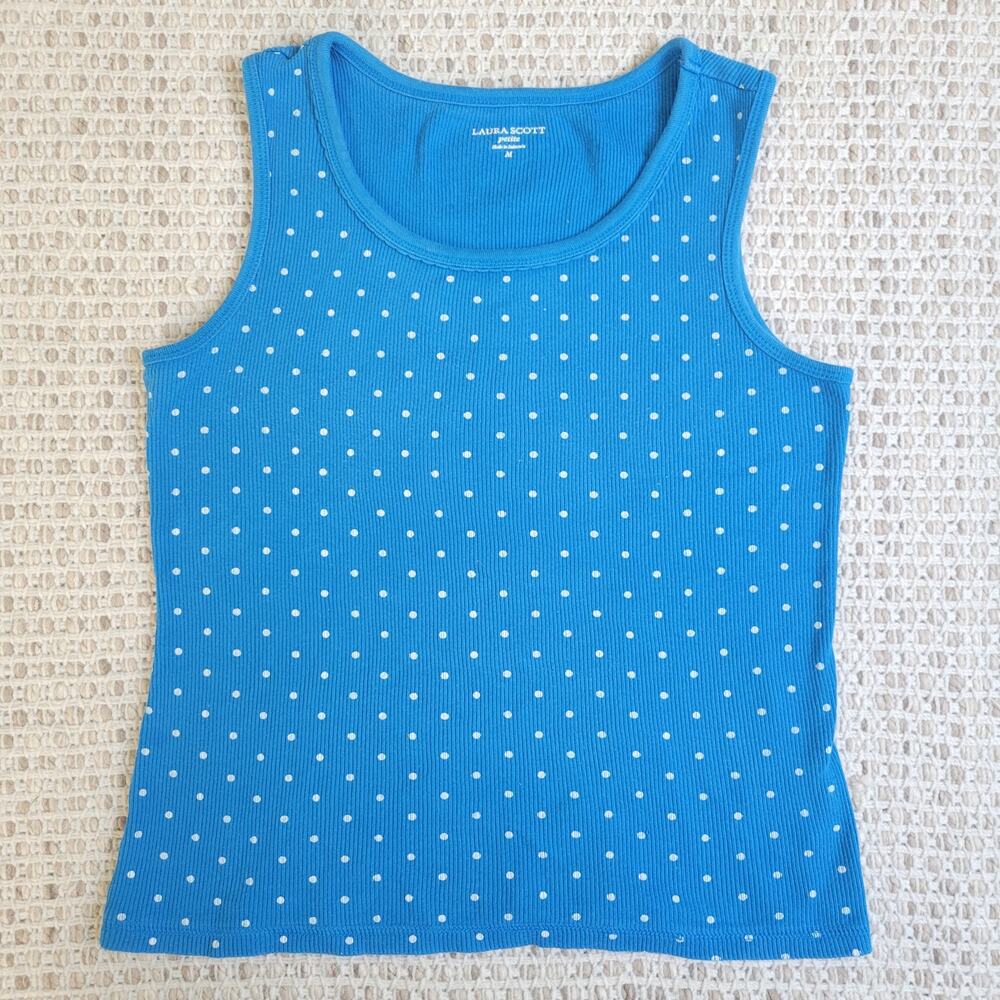 Laura Scott Womens Medium Petite Blue Polka Dot Tank Top Ribbed Knit Sleeveless